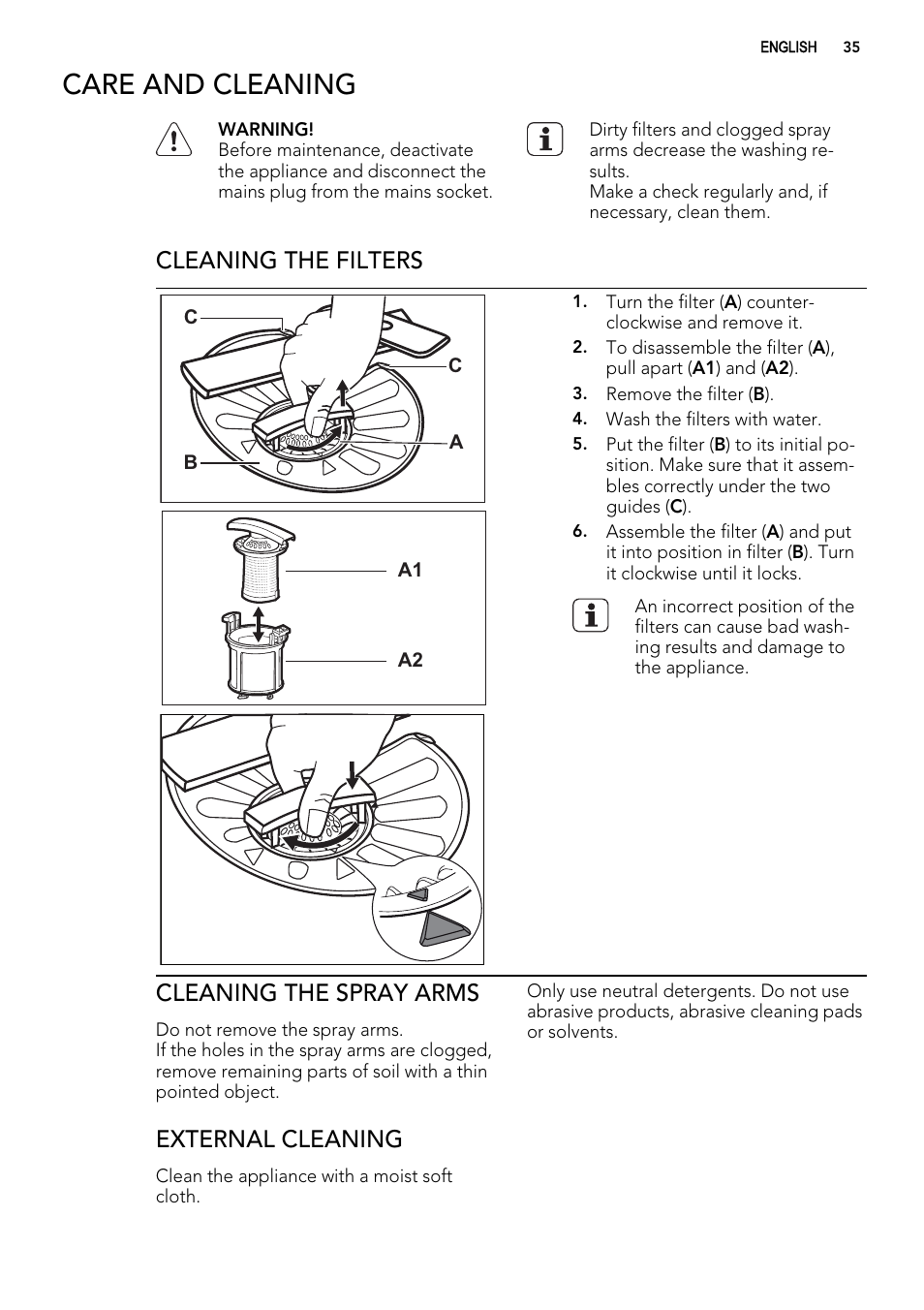 Care and cleaning, Cleaning the filters, Cleaning the spray arms | External cleaning | AEG F78420VI0P User Manual | Page 35 / 80