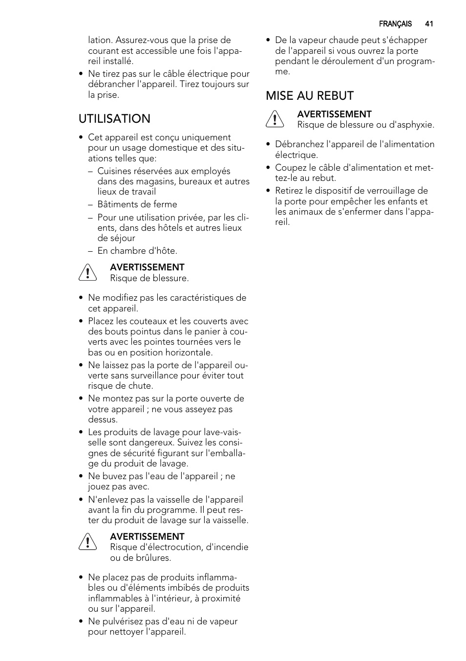 Utilisation, Mise au rebut | AEG F78420VI0P User Manual | Page 41 / 80