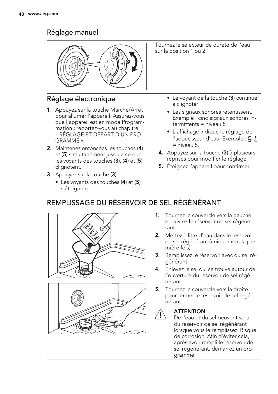 Réglage manuel, Réglage électronique, Remplissage du réservoir de sel régénérant | AEG F78420VI0P User Manual | Page 48 / 80