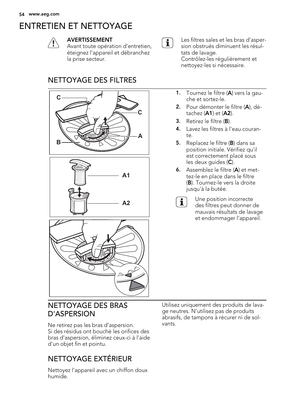 Entretien et nettoyage, Nettoyage des filtres, Nettoyage des bras d'aspersion | Nettoyage extérieur | AEG F78420VI0P User Manual | Page 54 / 80