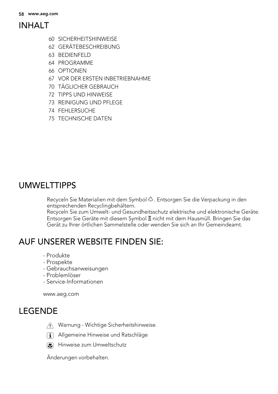Inhalt, Umwelttipps, Auf unserer website finden sie | Legende | AEG F78420VI0P User Manual | Page 58 / 80