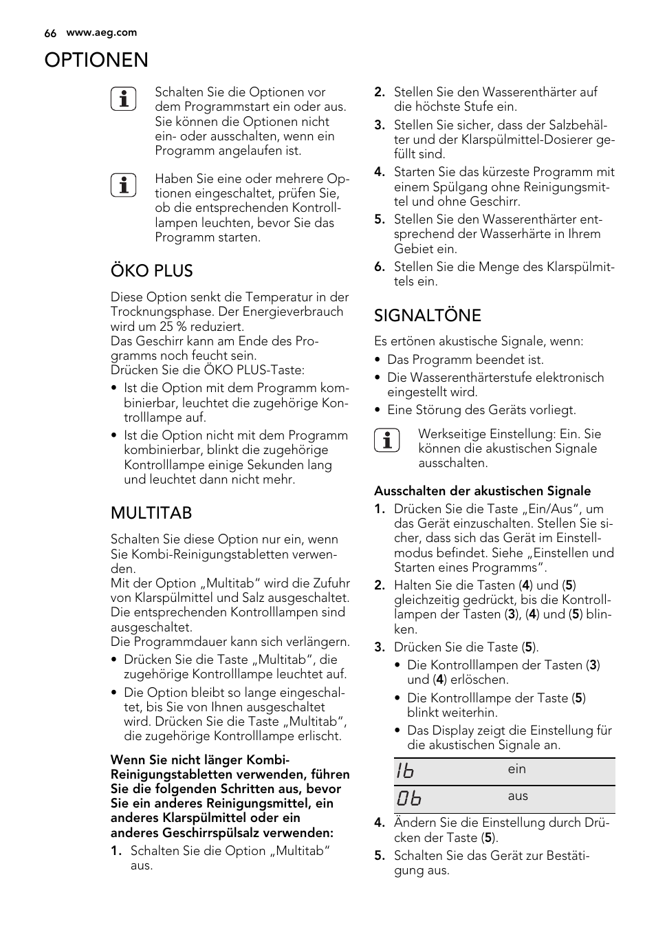 Optionen, Öko plus, Multitab | Signaltöne | AEG F78420VI0P User Manual | Page 66 / 80