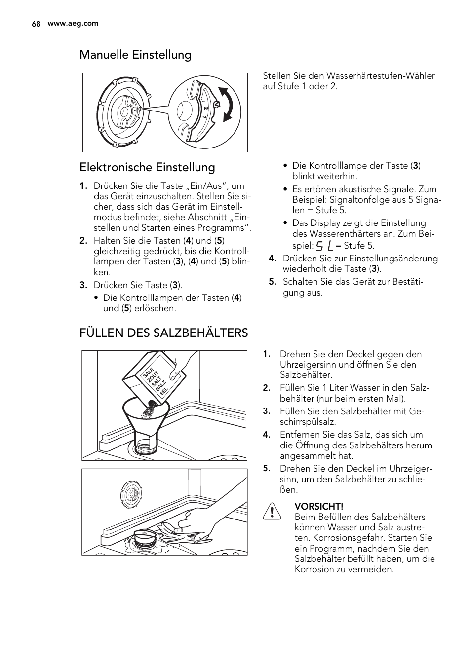 Manuelle einstellung, Elektronische einstellung, Füllen des salzbehälters | AEG F78420VI0P User Manual | Page 68 / 80
