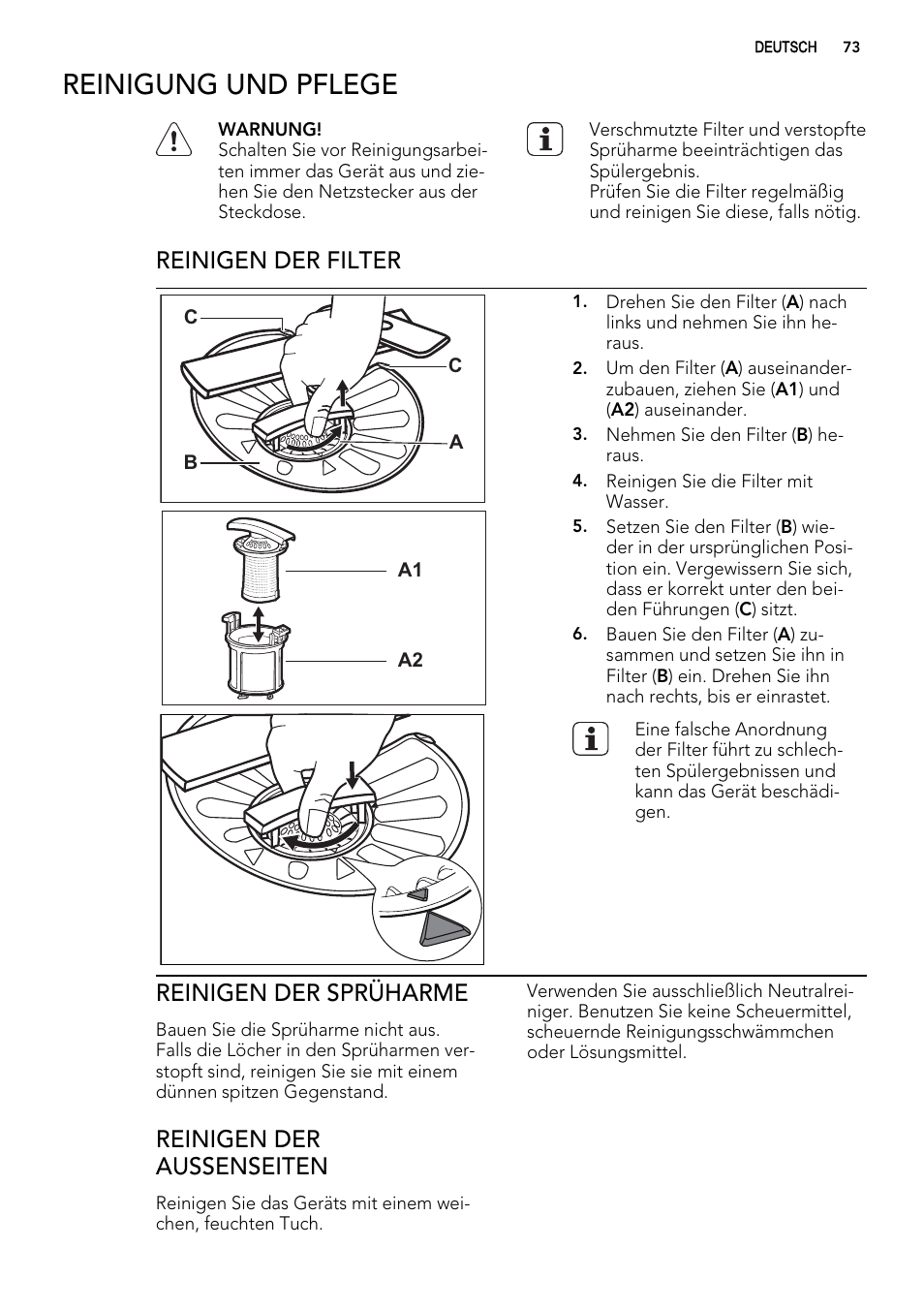Reinigung und pflege, Reinigen der filter, Reinigen der sprüharme | Reinigen der aussenseiten | AEG F78420VI0P User Manual | Page 73 / 80