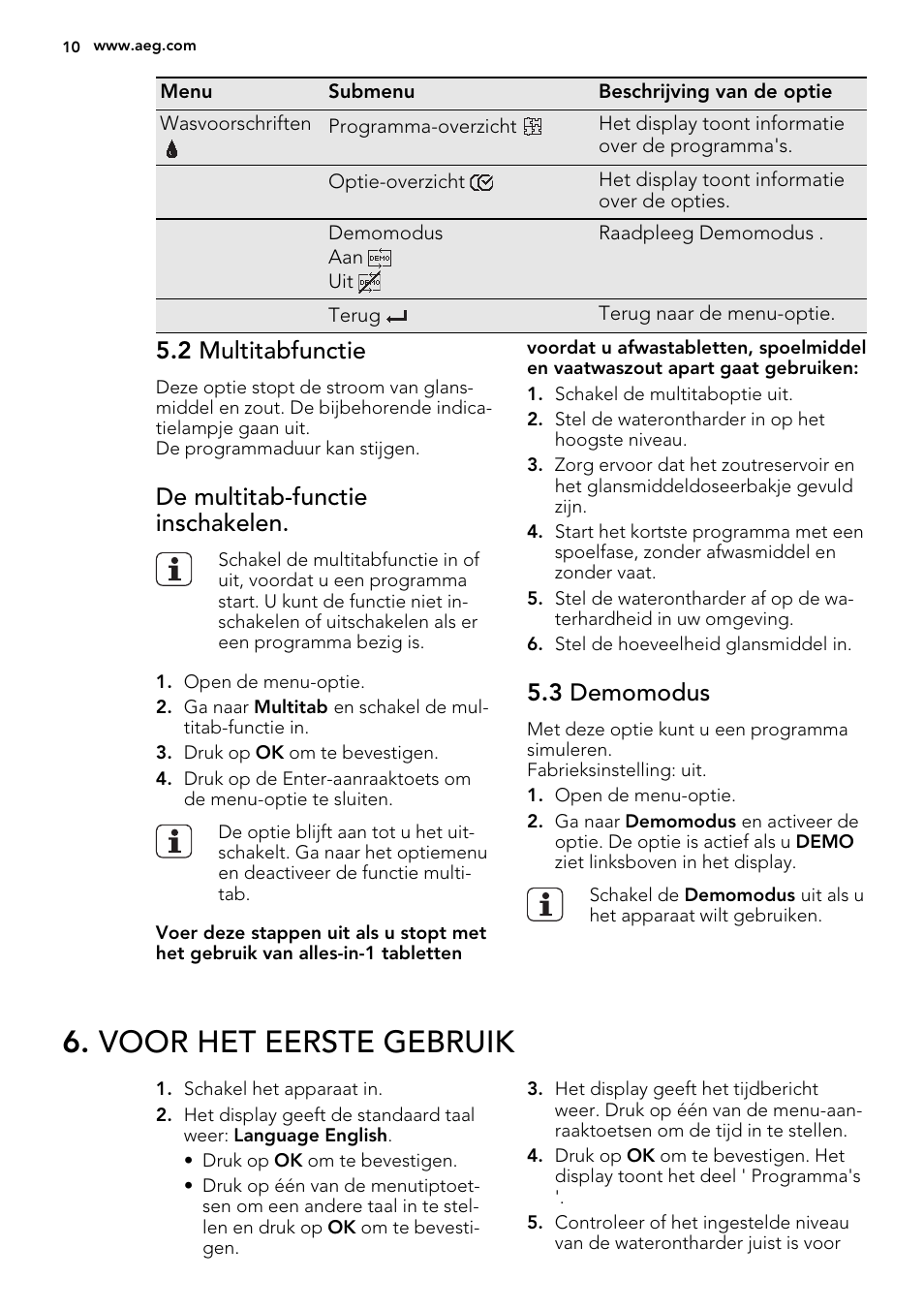 Voor het eerste gebruik, 2 multitabfunctie, De multitab-functie inschakelen | 3 demomodus | AEG F65042W0P User Manual | Page 10 / 76