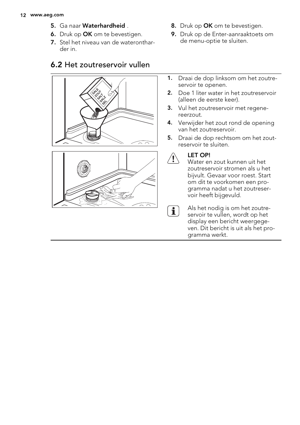 2 het zoutreservoir vullen | AEG F65042W0P User Manual | Page 12 / 76