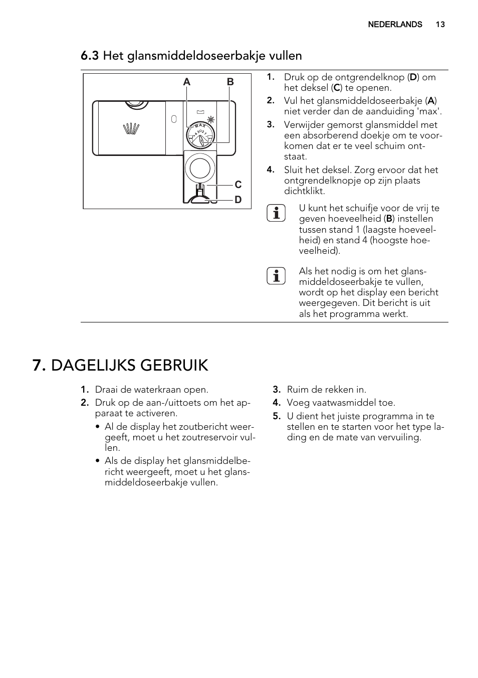 Dagelijks gebruik, 3 het glansmiddeldoseerbakje vullen, Ab d c | AEG F65042W0P User Manual | Page 13 / 76