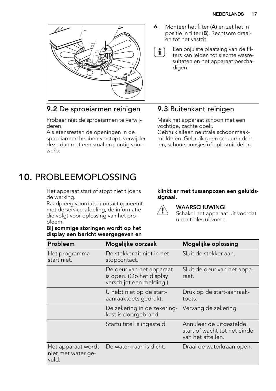 Probleemoplossing, 2 de sproeiarmen reinigen, 3 buitenkant reinigen | AEG F65042W0P User Manual | Page 17 / 76