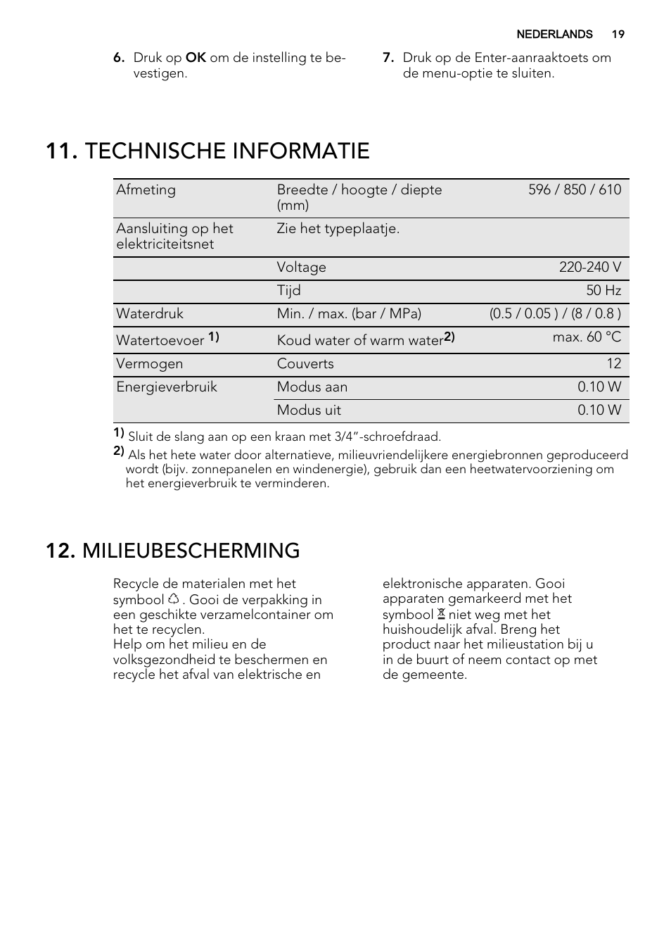 Technische informatie, Milieubescherming | AEG F65042W0P User Manual | Page 19 / 76