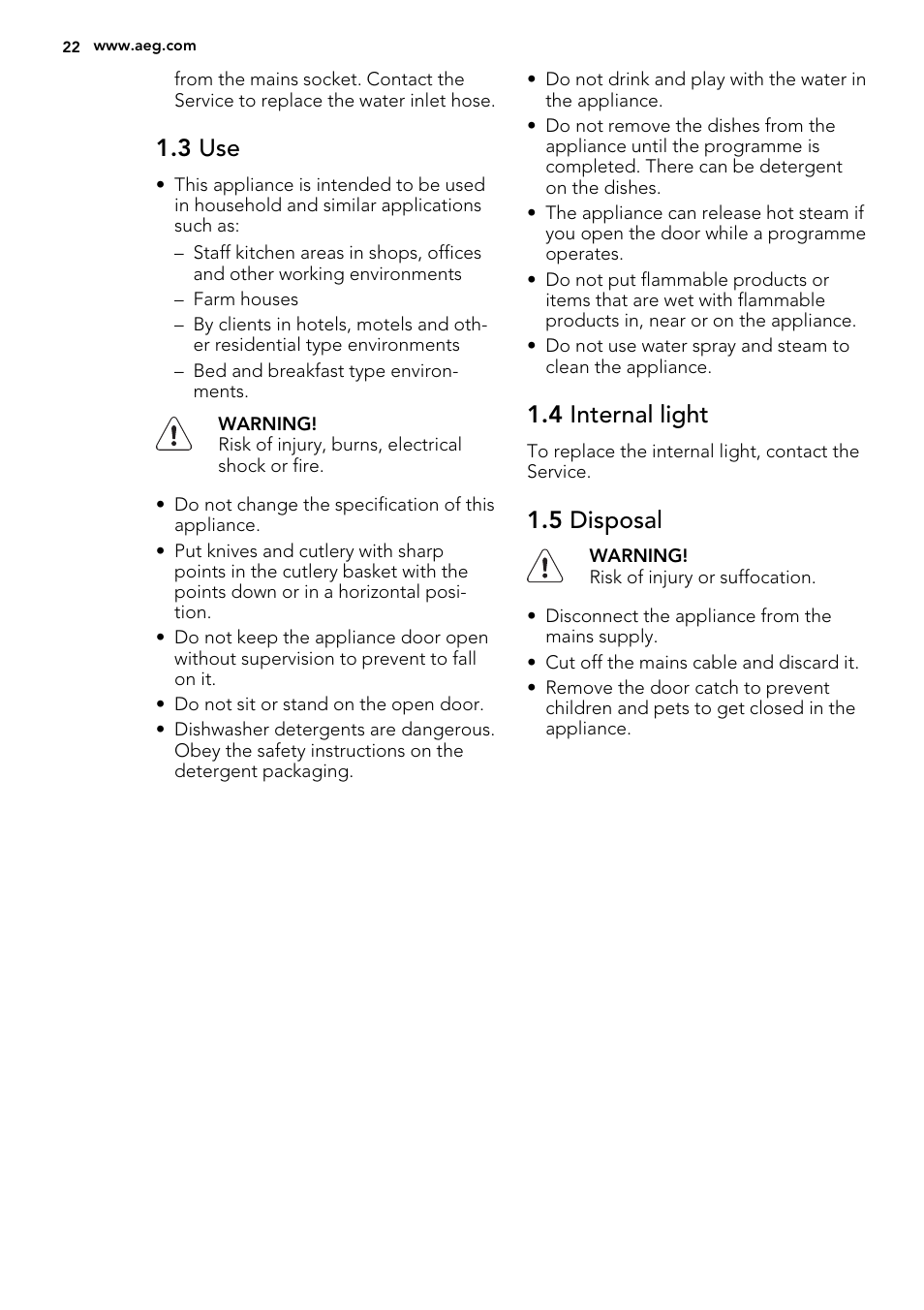 3 use, 4 internal light, 5 disposal | AEG F65042W0P User Manual | Page 22 / 76