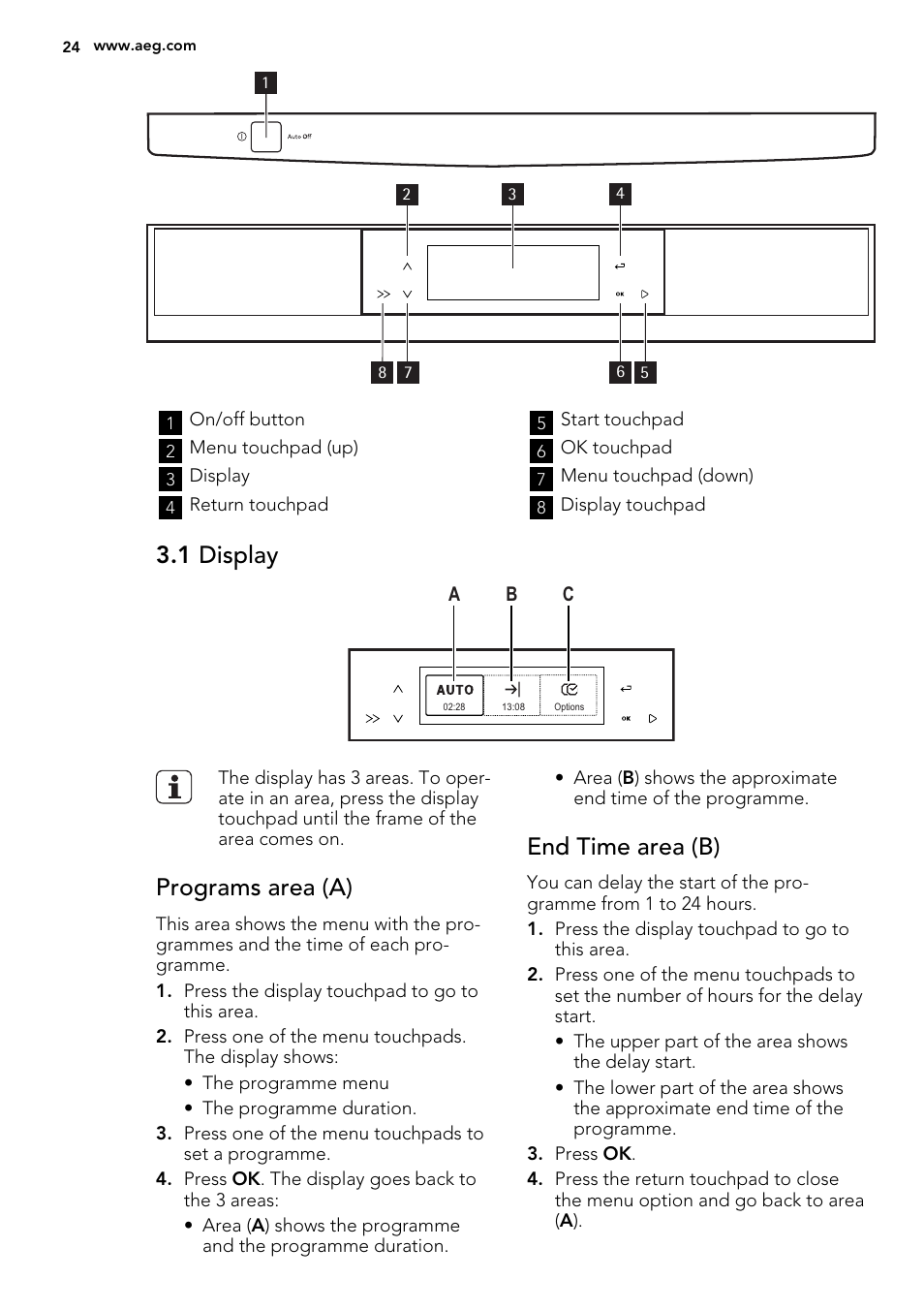 1 display, Programs area (a), End time area (b) | AEG F65042W0P User Manual | Page 24 / 76