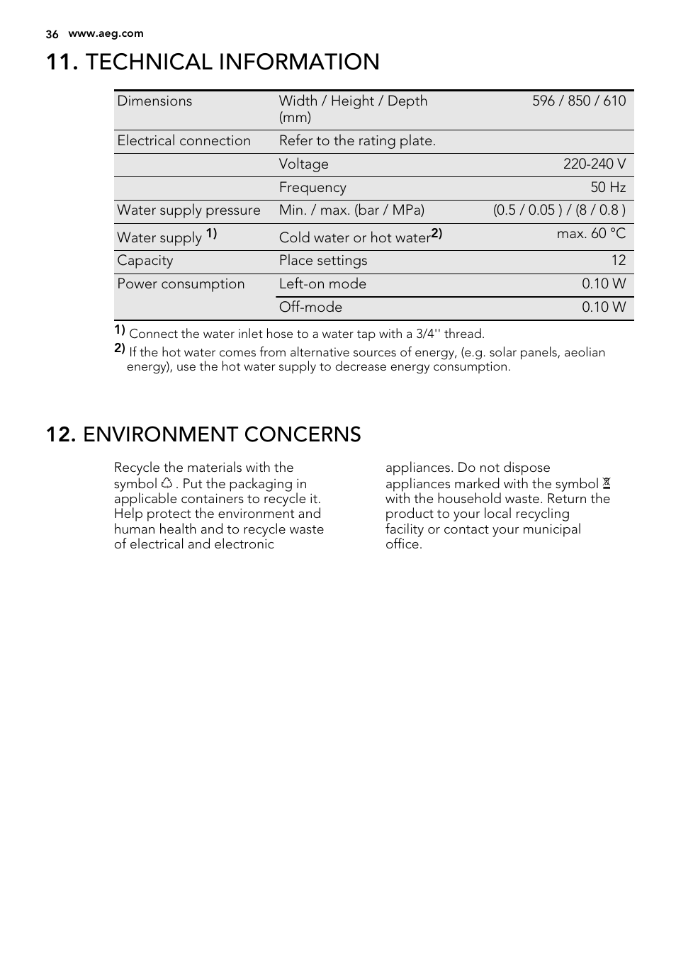 Technical information, Environment concerns | AEG F65042W0P User Manual | Page 36 / 76