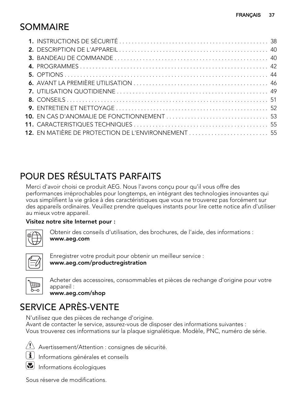 Sommaire, Pour des résultats parfaits, Service après-vente | AEG F65042W0P User Manual | Page 37 / 76