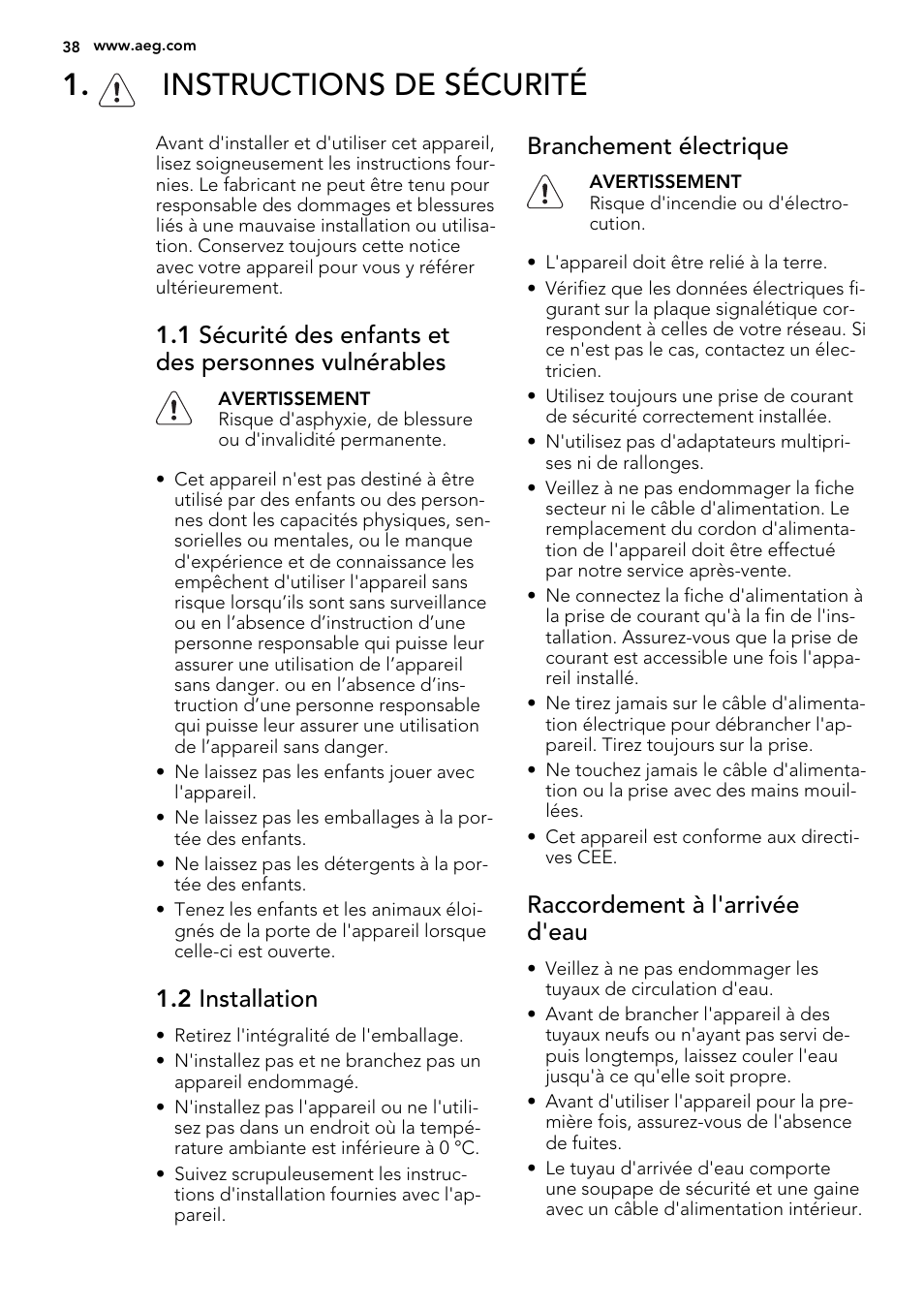 Instructions de sécurité, 2 installation, Branchement électrique | Raccordement à l'arrivée d'eau | AEG F65042W0P User Manual | Page 38 / 76