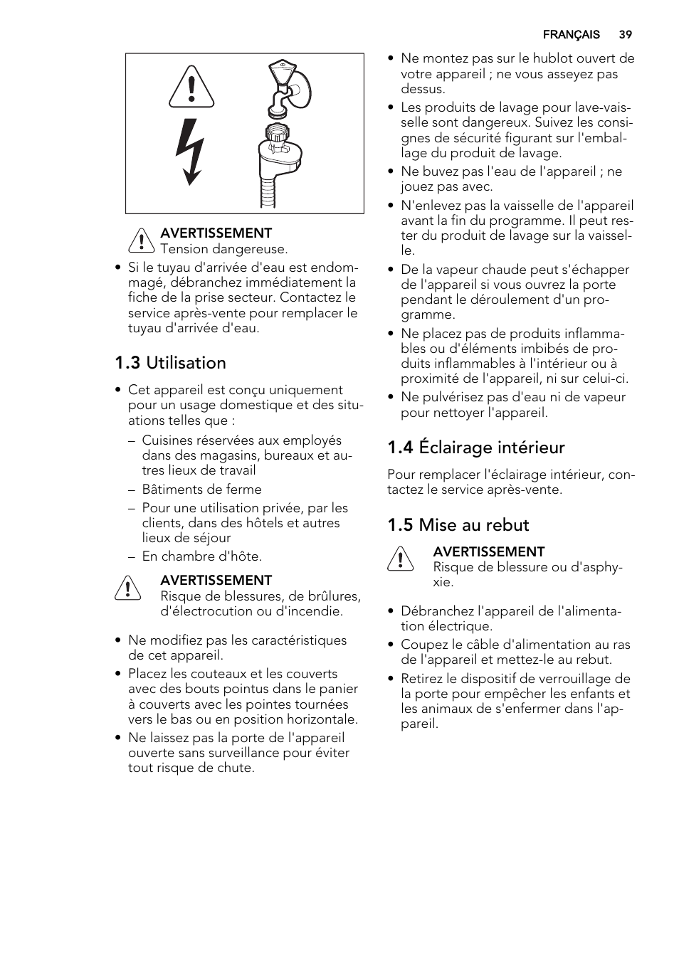 3 utilisation, 4 éclairage intérieur, 5 mise au rebut | AEG F65042W0P User Manual | Page 39 / 76