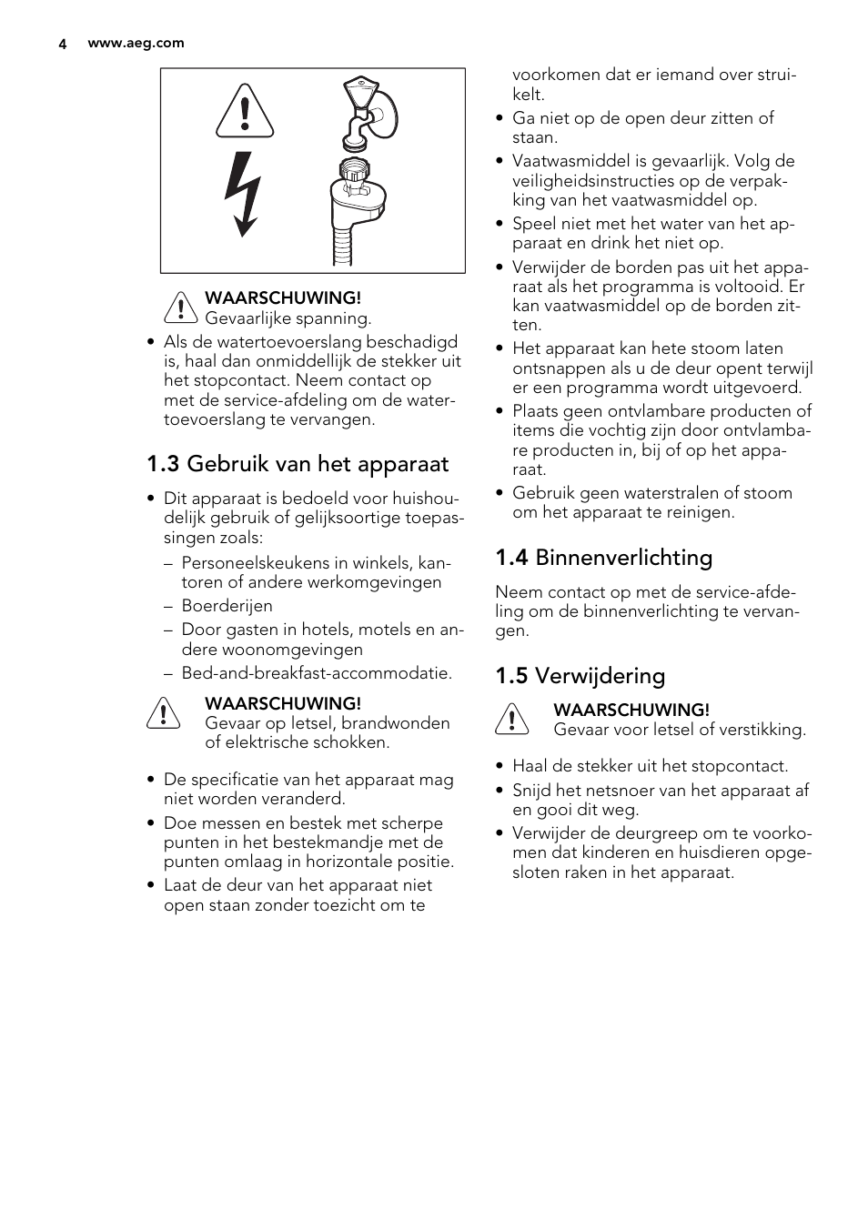 3 gebruik van het apparaat, 4 binnenverlichting, 5 verwijdering | AEG F65042W0P User Manual | Page 4 / 76