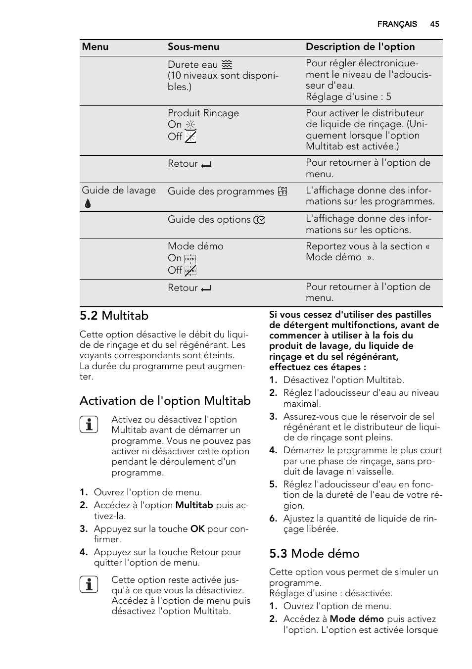 2 multitab, Activation de l'option multitab, 3 mode démo | AEG F65042W0P User Manual | Page 45 / 76