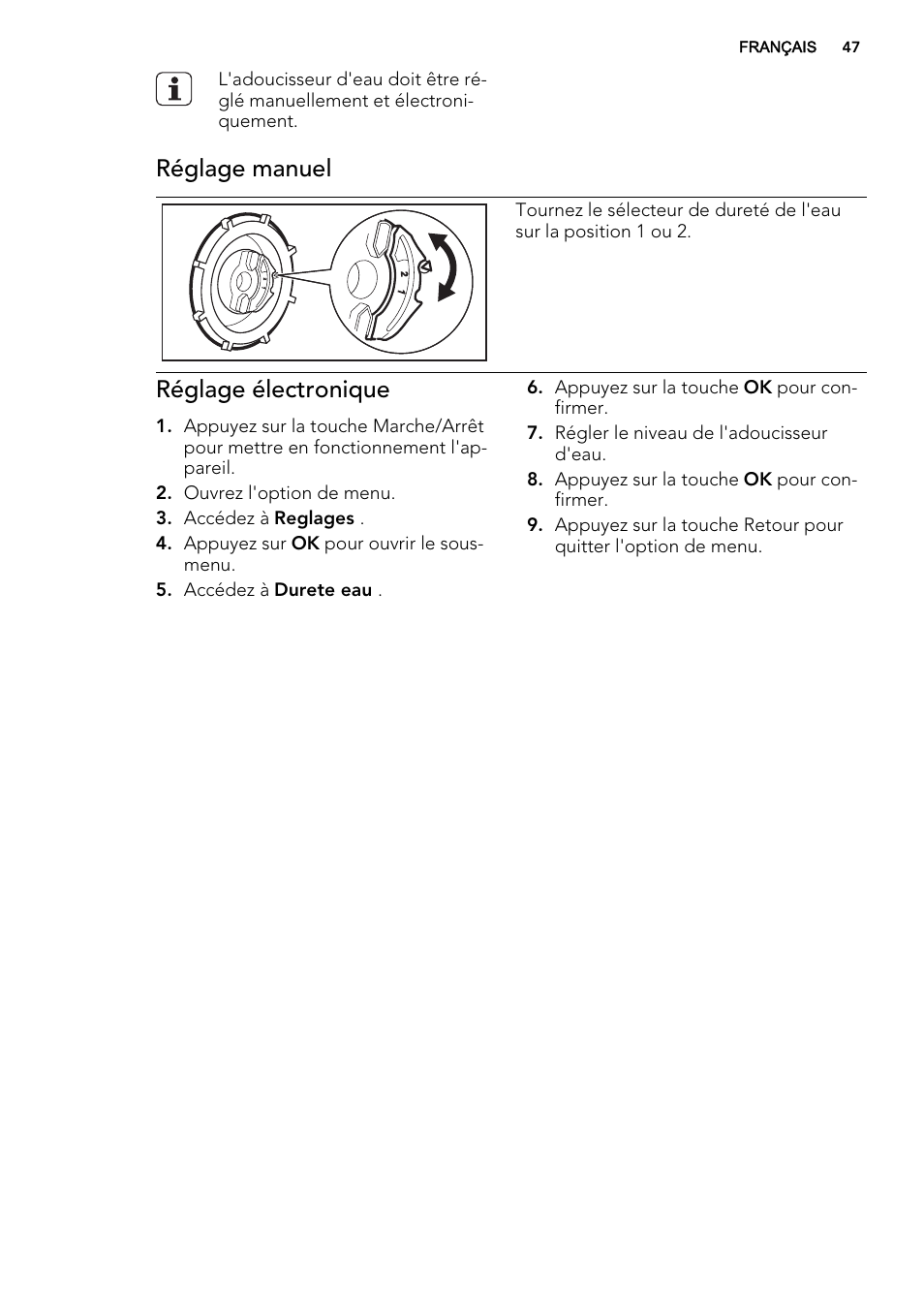 Réglage manuel, Réglage électronique | AEG F65042W0P User Manual | Page 47 / 76