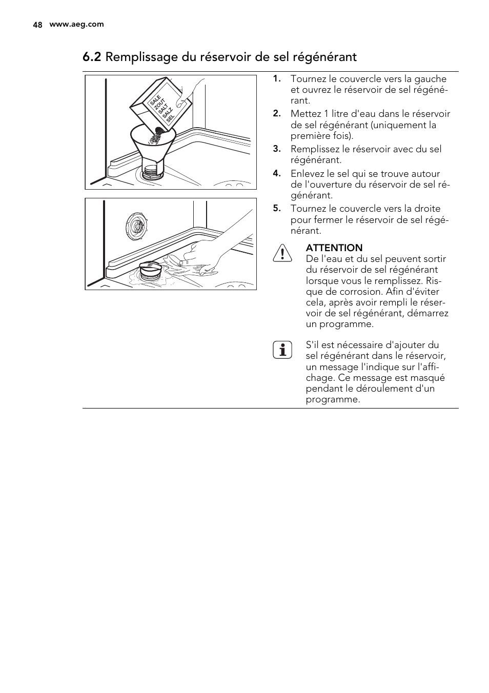 2 remplissage du réservoir de sel régénérant | AEG F65042W0P User Manual | Page 48 / 76