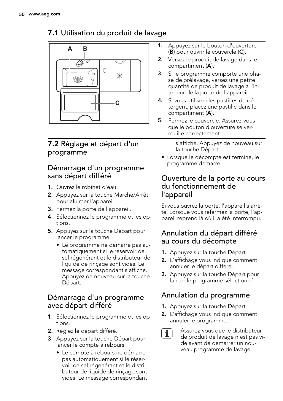 1 utilisation du produit de lavage, Démarrage d'un programme avec départ différé, Annulation du départ différé au cours du décompte | Annulation du programme | AEG F65042W0P User Manual | Page 50 / 76