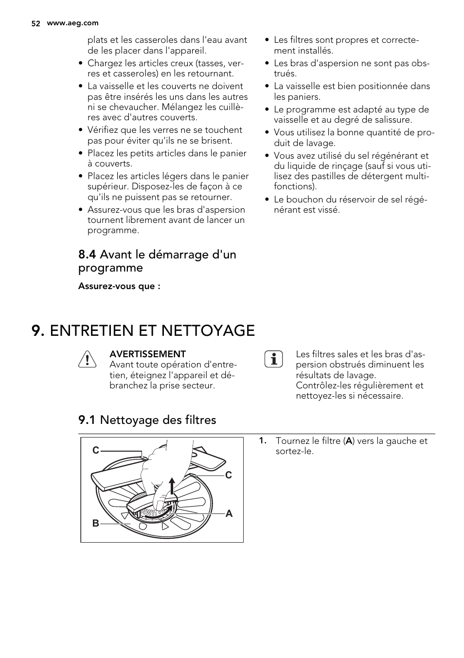 Entretien et nettoyage, 4 avant le démarrage d'un programme, 1 nettoyage des filtres | AEG F65042W0P User Manual | Page 52 / 76