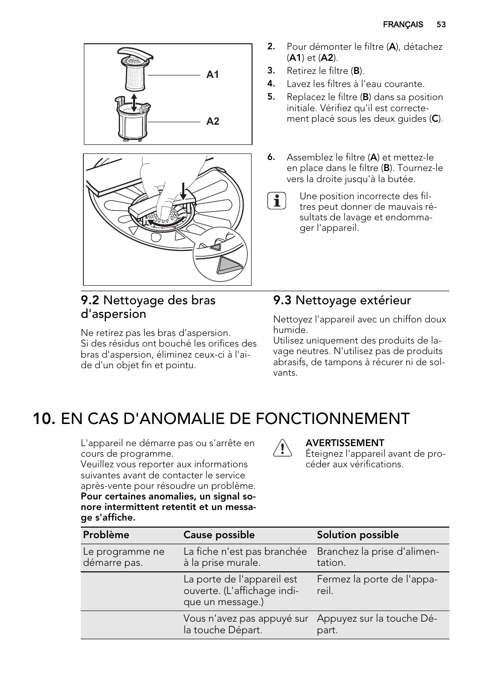 En cas d'anomalie de fonctionnement, 2 nettoyage des bras d'aspersion, 3 nettoyage extérieur | AEG F65042W0P User Manual | Page 53 / 76
