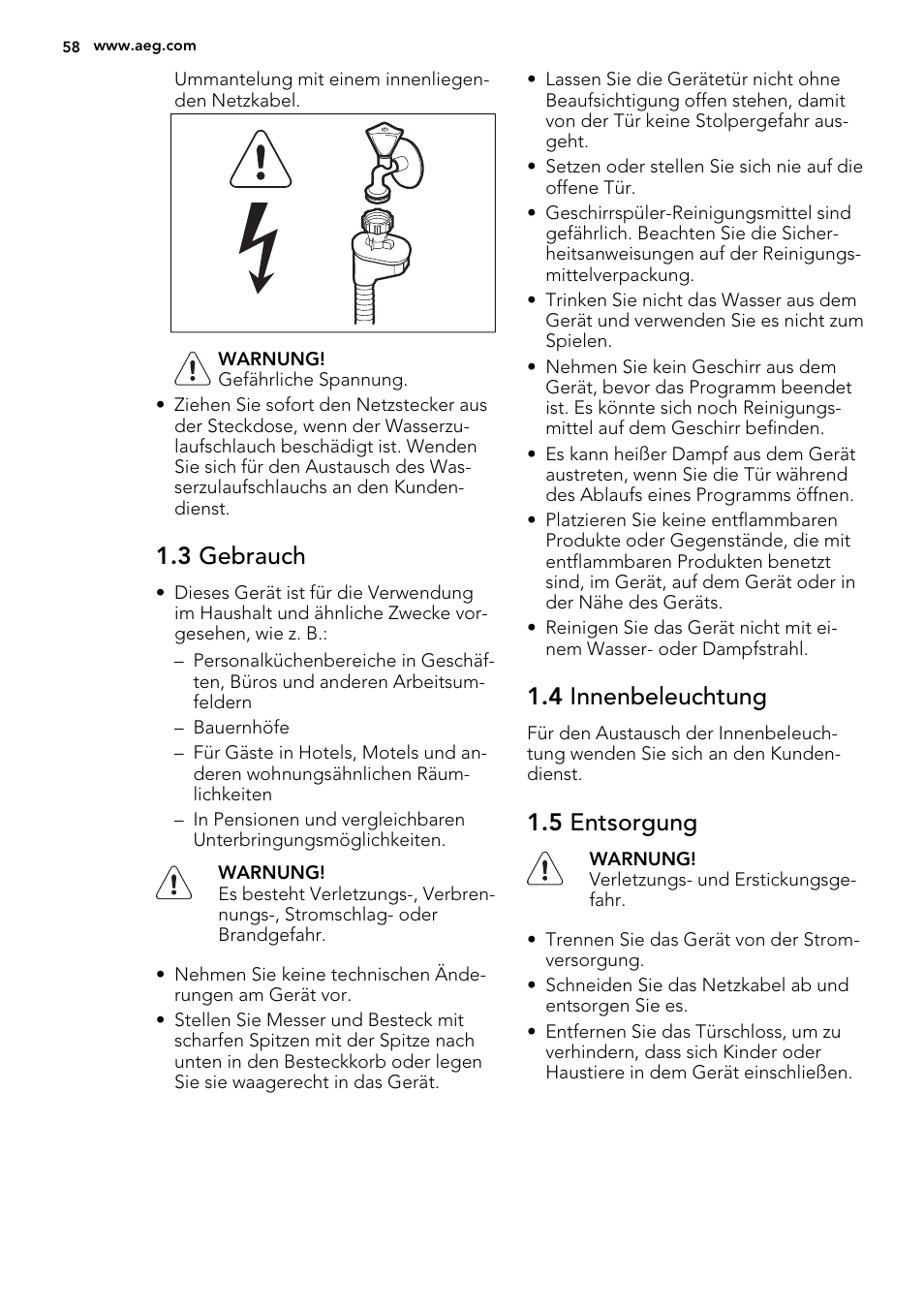 3 gebrauch, 4 innenbeleuchtung, 5 entsorgung | AEG F65042W0P User Manual | Page 58 / 76
