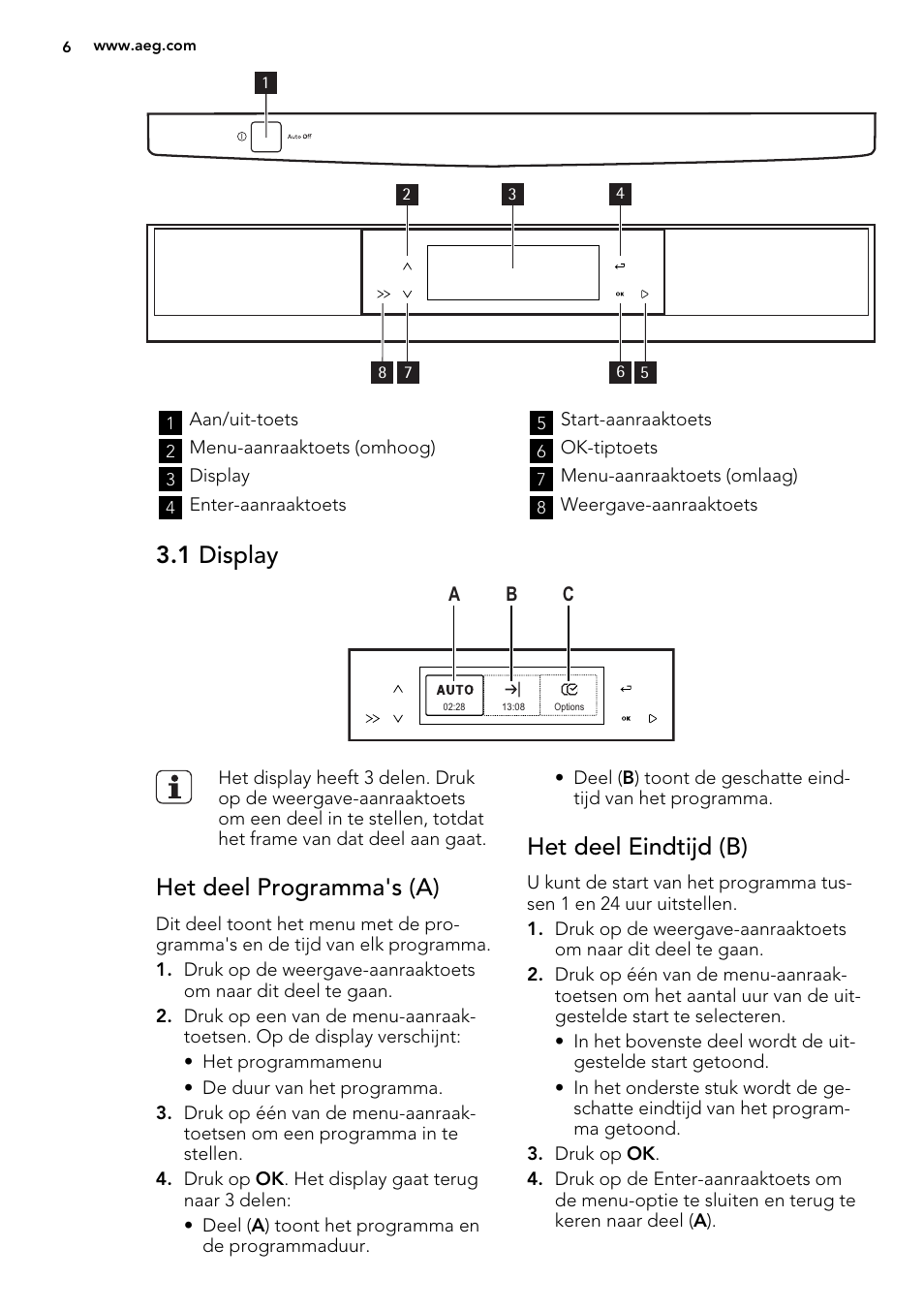 1 display, Het deel programma's (a), Het deel eindtijd (b) | AEG F65042W0P User Manual | Page 6 / 76