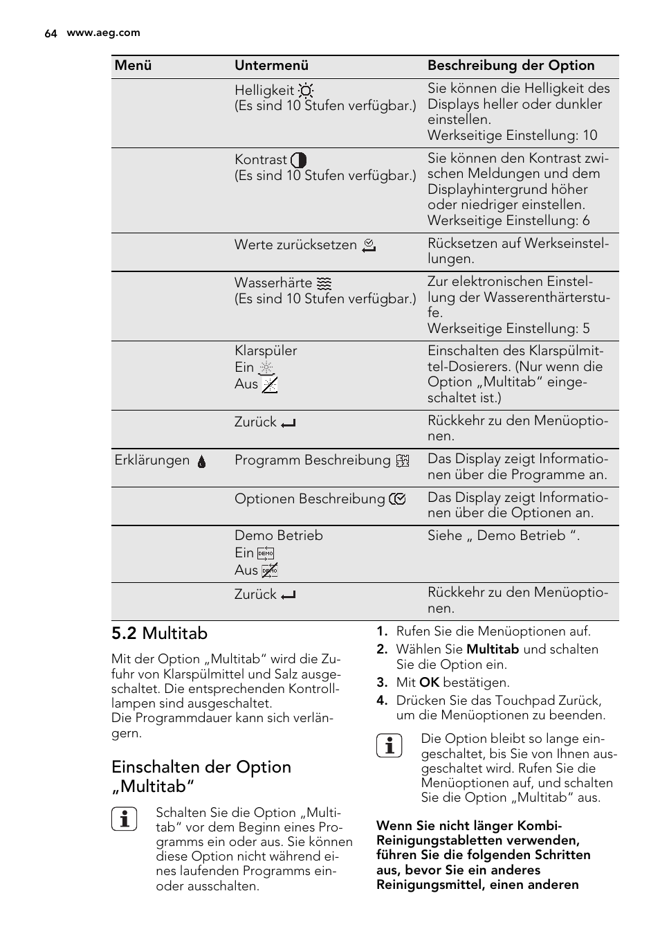 2 multitab, Einschalten der option „multitab | AEG F65042W0P User Manual | Page 64 / 76