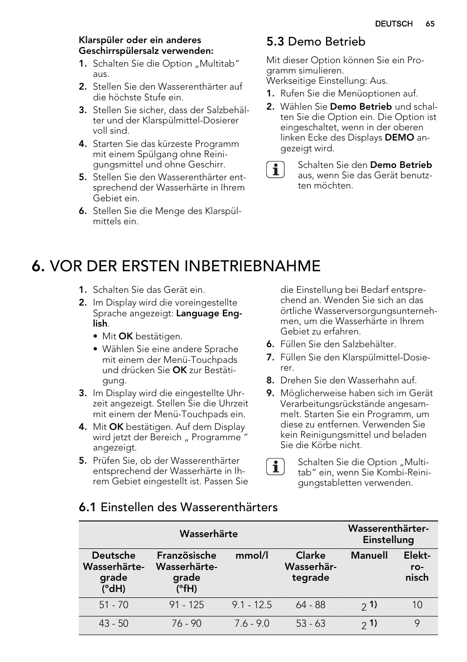 Vor der ersten inbetriebnahme, 3 demo betrieb, 1 einstellen des wasserenthärters | AEG F65042W0P User Manual | Page 65 / 76