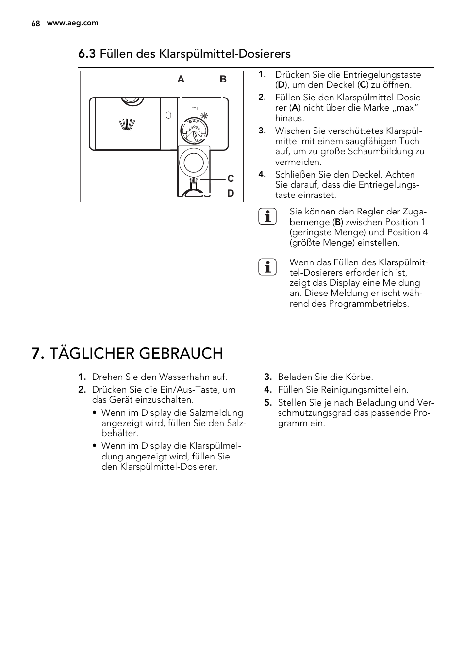 Täglicher gebrauch, 3 füllen des klarspülmittel-dosierers, Ab d c | AEG F65042W0P User Manual | Page 68 / 76