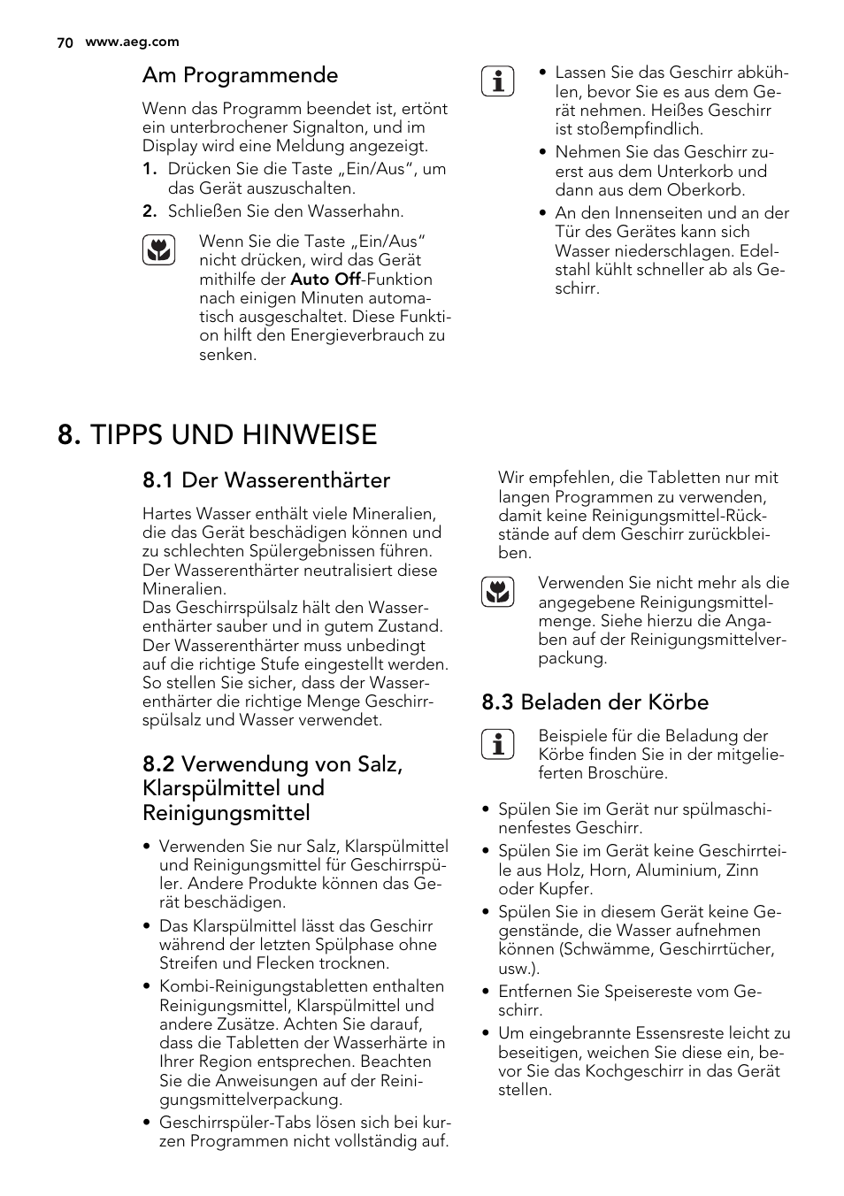 Tipps und hinweise, Am programmende, 1 der wasserenthärter | 3 beladen der körbe | AEG F65042W0P User Manual | Page 70 / 76