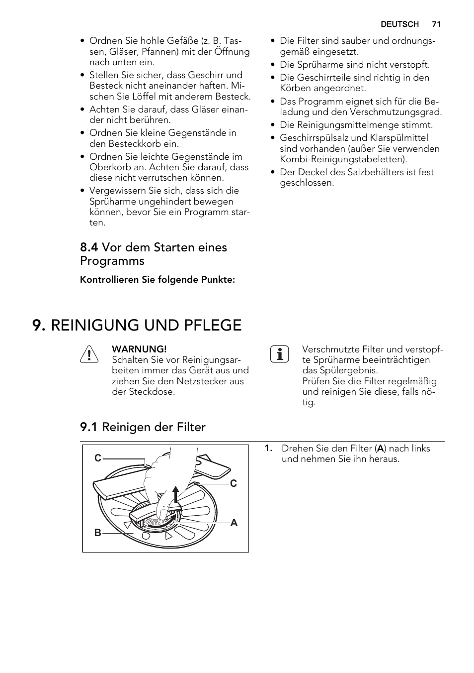 Reinigung und pflege, 4 vor dem starten eines programms, 1 reinigen der filter | AEG F65042W0P User Manual | Page 71 / 76