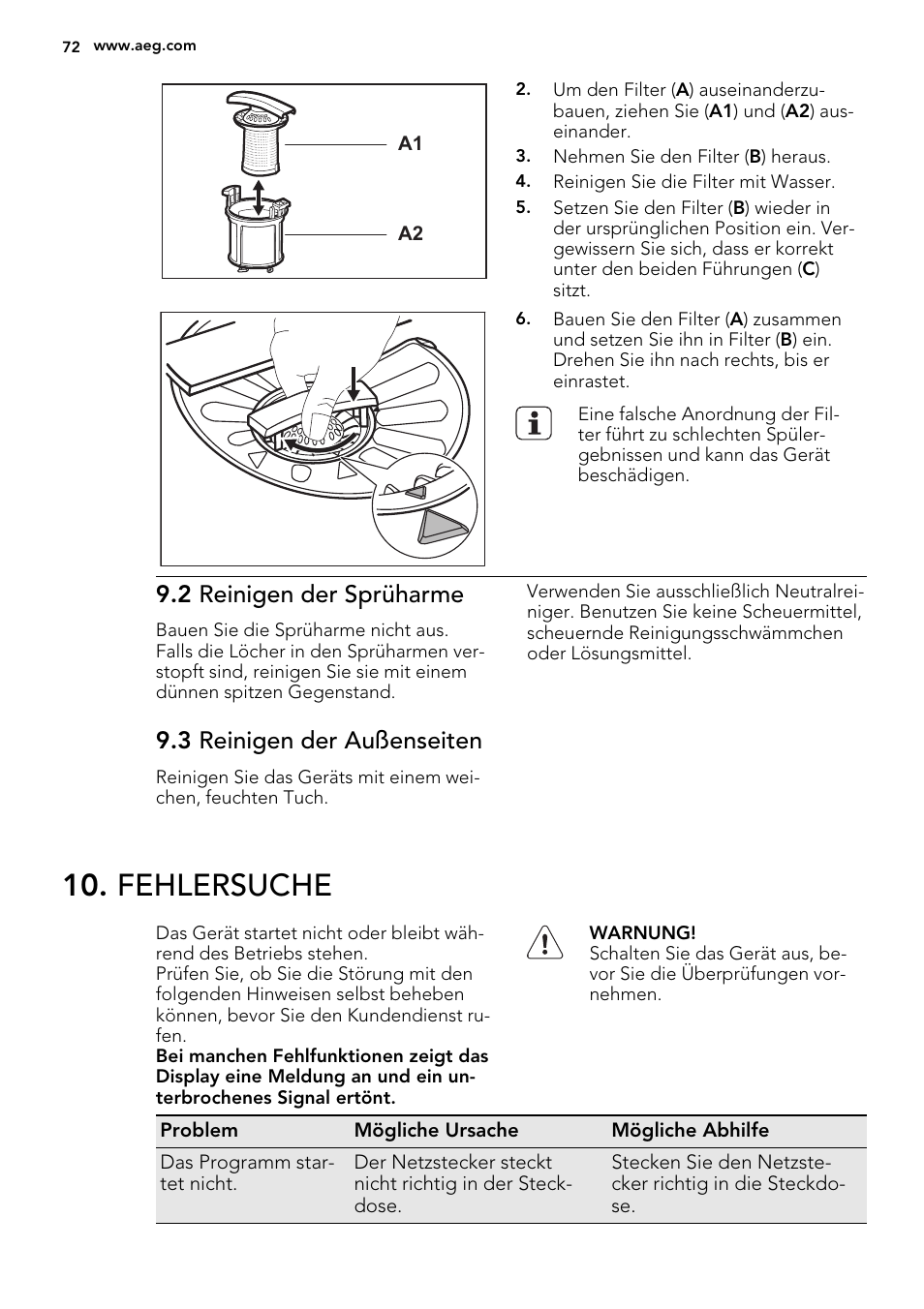 Fehlersuche, 2 reinigen der sprüharme, 3 reinigen der außenseiten | AEG F65042W0P User Manual | Page 72 / 76