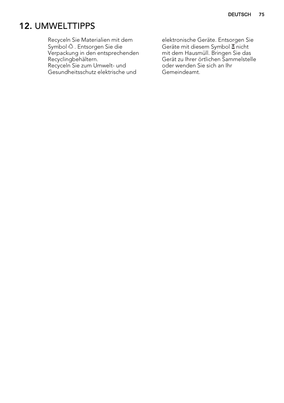 Umwelttipps | AEG F65042W0P User Manual | Page 75 / 76
