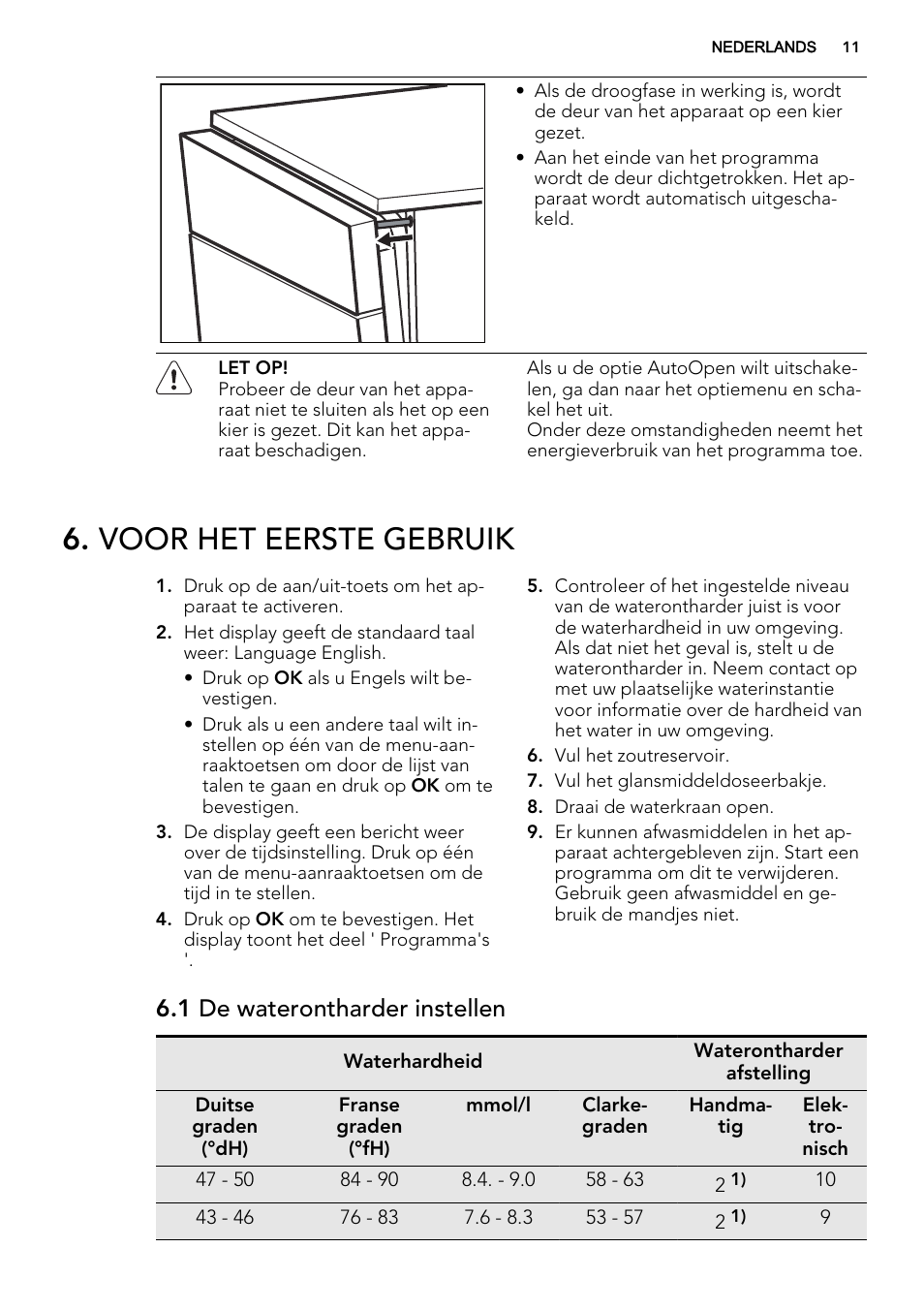 Voor het eerste gebruik, 1 de waterontharder instellen | AEG F65722IM0P User Manual | Page 11 / 80