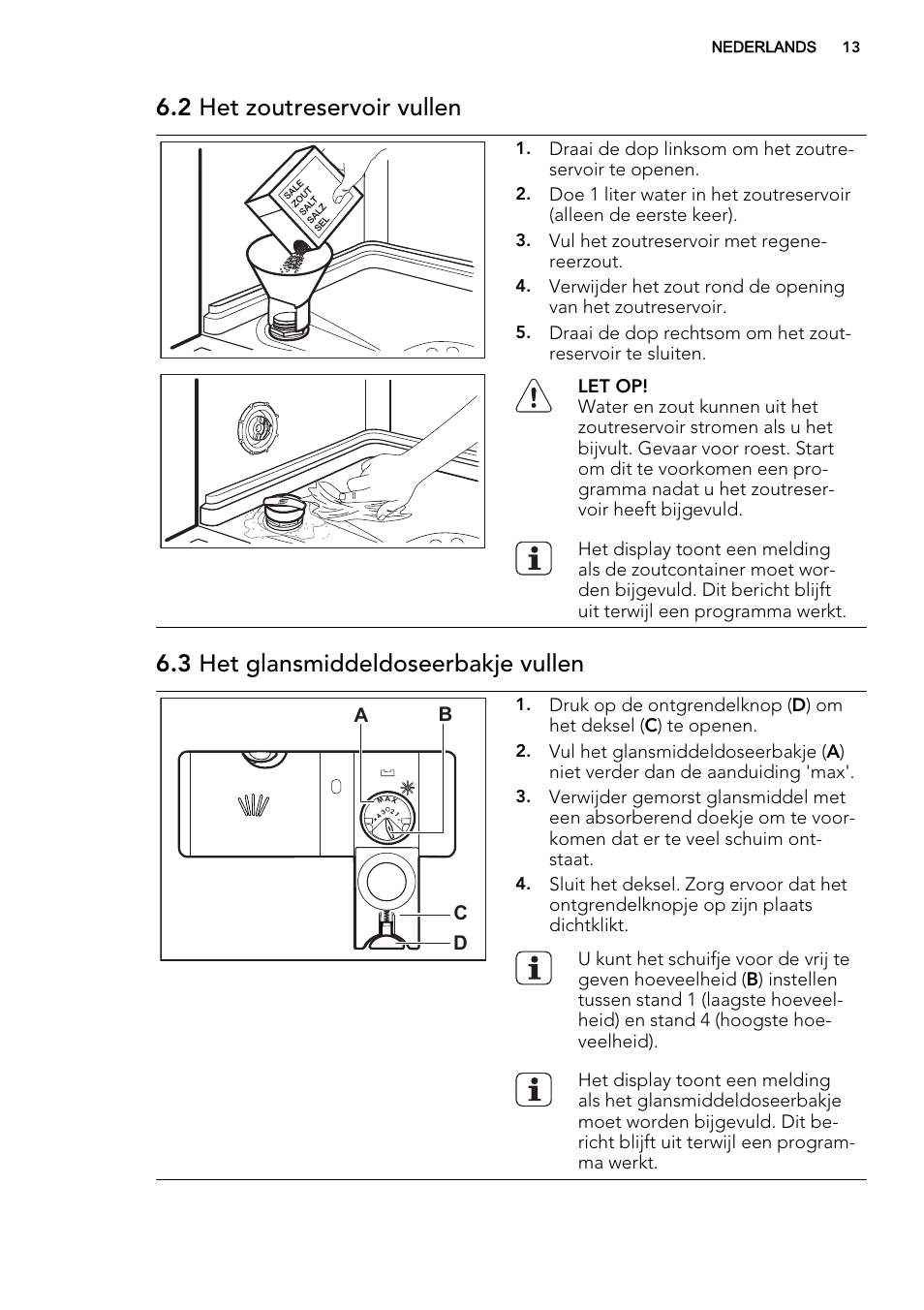 2 het zoutreservoir vullen, 3 het glansmiddeldoseerbakje vullen, Ab d c | AEG F65722IM0P User Manual | Page 13 / 80