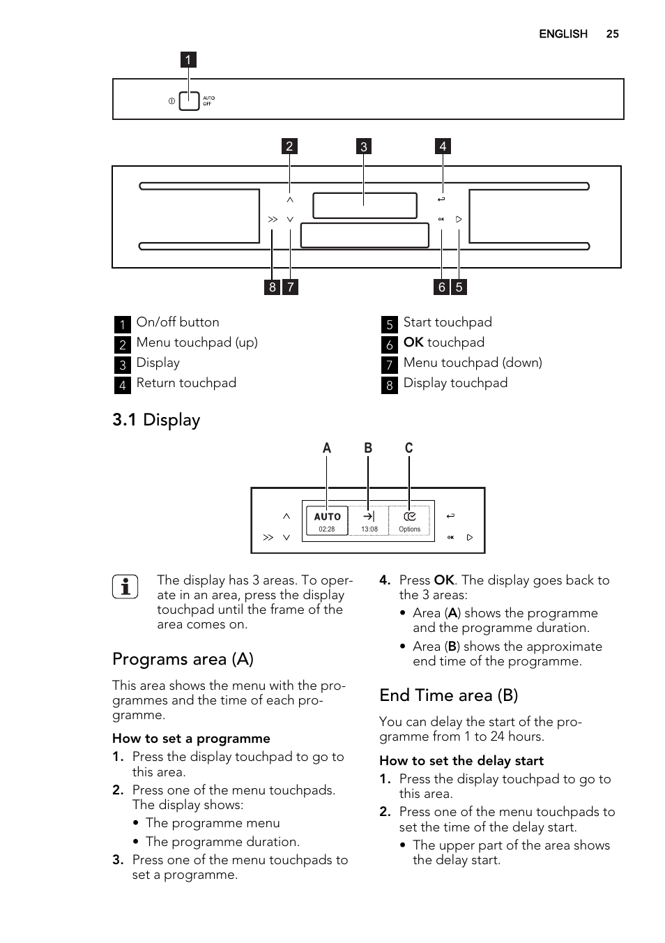 1 display, Programs area (a), End time area (b) | AEG F65722IM0P User Manual | Page 25 / 80