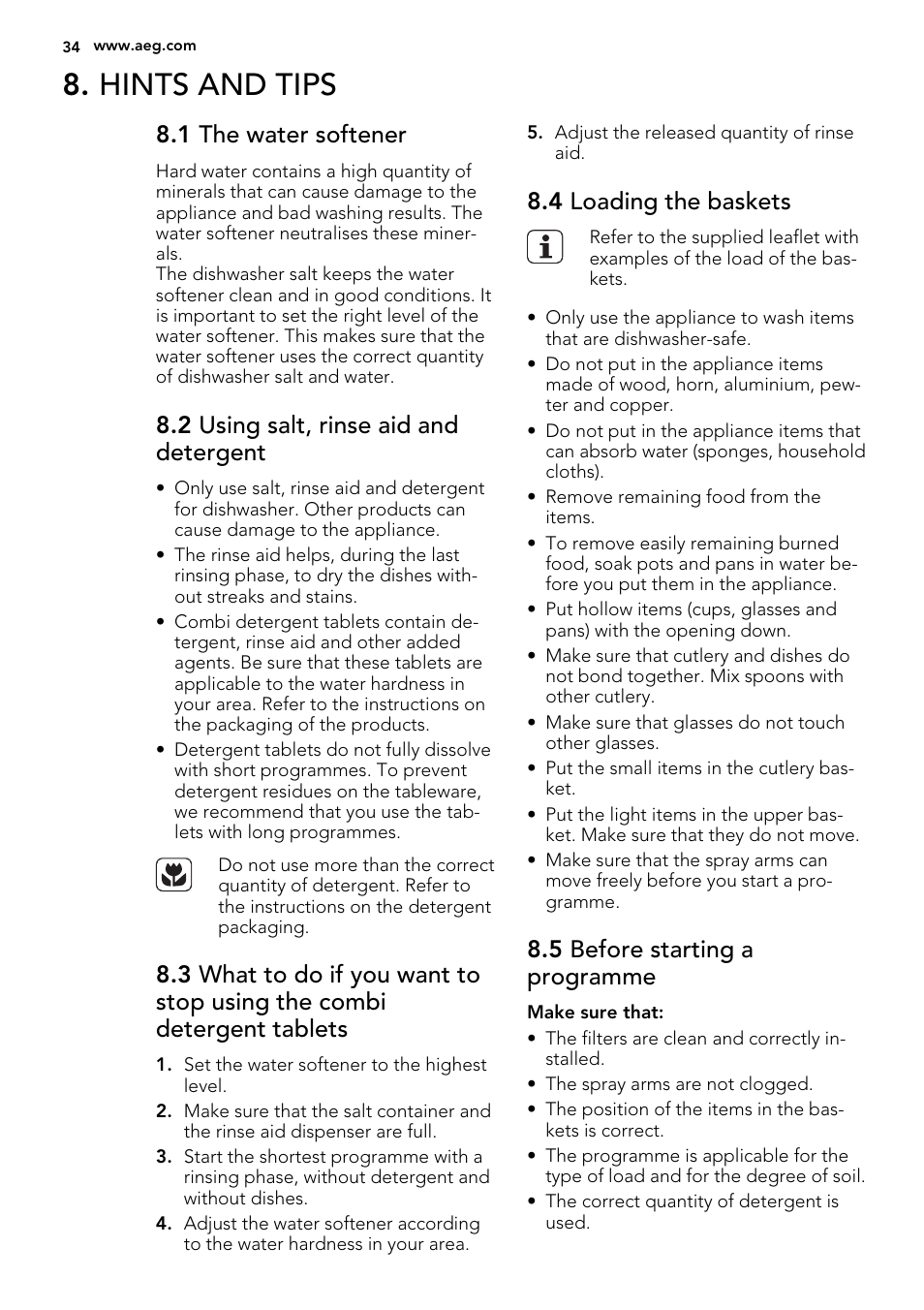 Hints and tips, 1 the water softener, 2 using salt, rinse aid and detergent | 4 loading the baskets, 5 before starting a programme | AEG F65722IM0P User Manual | Page 34 / 80