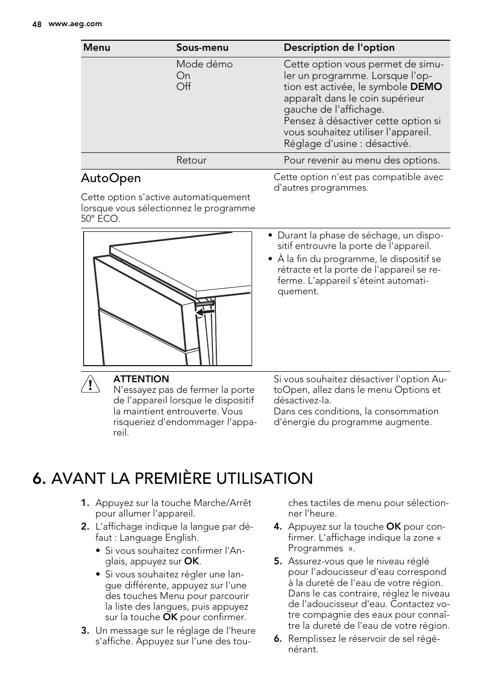 Avant la première utilisation, Autoopen | AEG F65722IM0P User Manual | Page 48 / 80