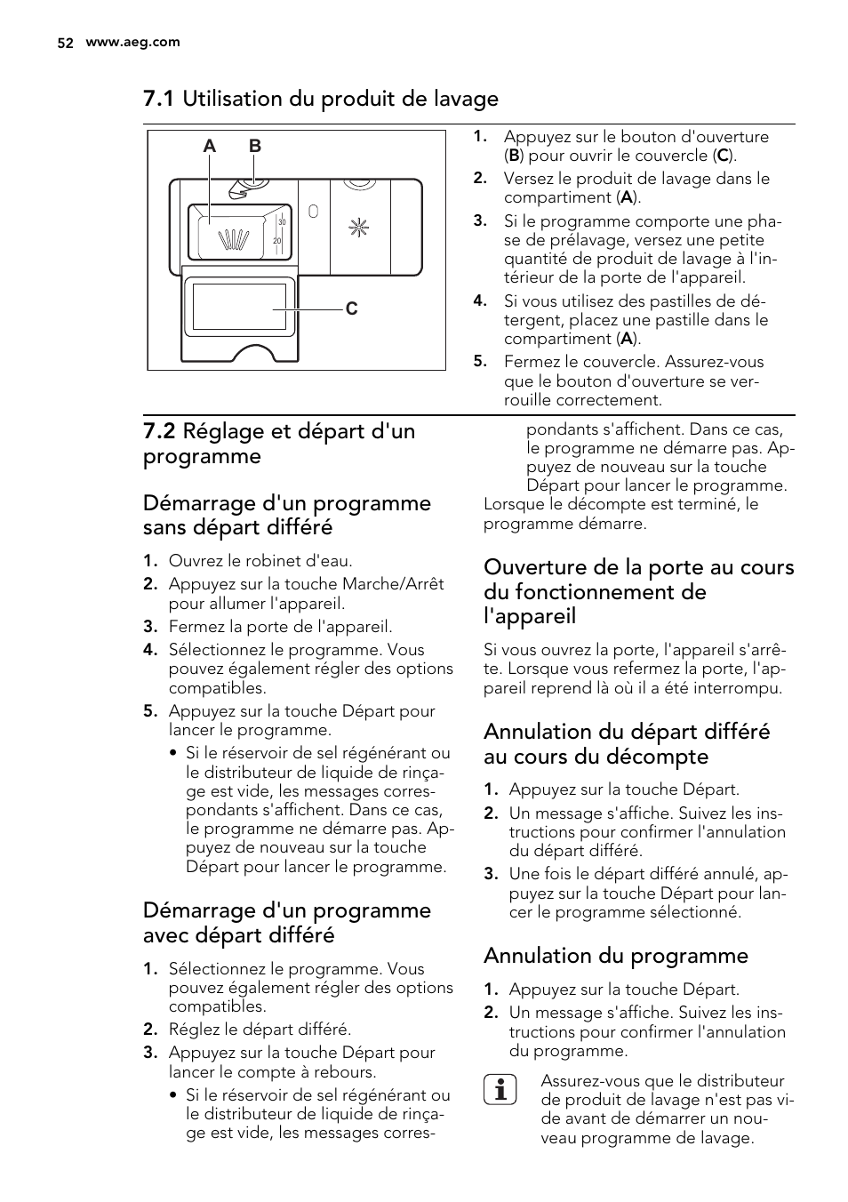 1 utilisation du produit de lavage, Démarrage d'un programme avec départ différé, Annulation du départ différé au cours du décompte | Annulation du programme | AEG F65722IM0P User Manual | Page 52 / 80