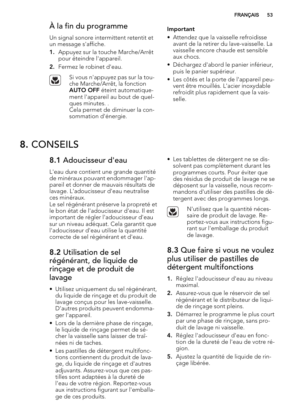 Conseils, À la fin du programme, 1 adoucisseur d'eau | AEG F65722IM0P User Manual | Page 53 / 80