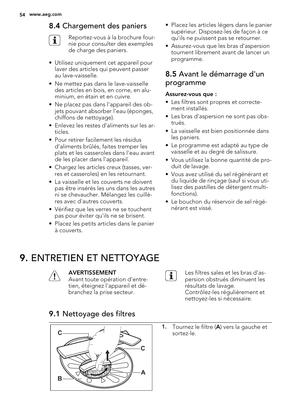 Entretien et nettoyage, 4 chargement des paniers, 5 avant le démarrage d'un programme | 1 nettoyage des filtres | AEG F65722IM0P User Manual | Page 54 / 80