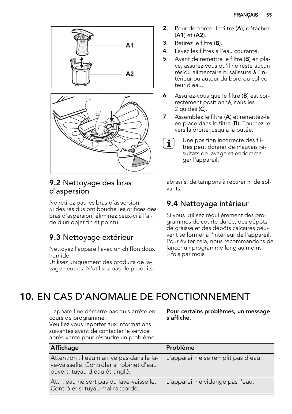 En cas d'anomalie de fonctionnement, 2 nettoyage des bras d'aspersion, 3 nettoyage extérieur | 4 nettoyage intérieur | AEG F65722IM0P User Manual | Page 55 / 80