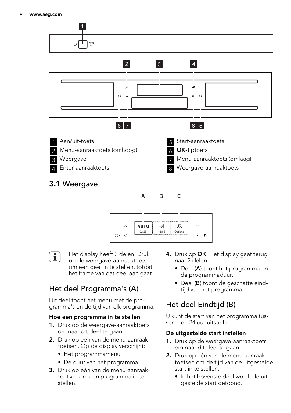 1 weergave, Het deel programma's (a), Het deel eindtijd (b) | AEG F65722IM0P User Manual | Page 6 / 80
