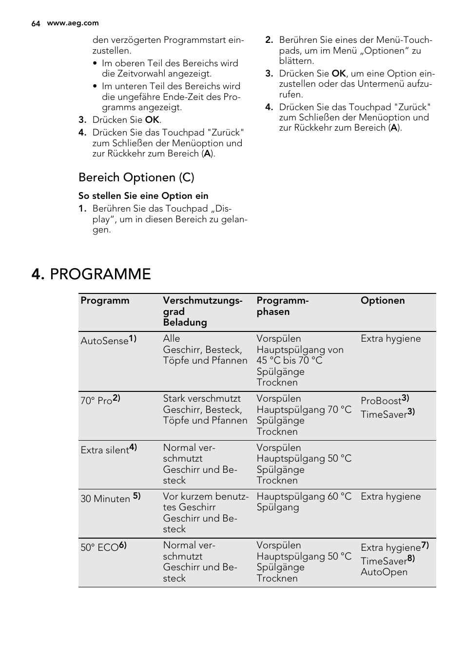 Programme, Bereich optionen (c) | AEG F65722IM0P User Manual | Page 64 / 80