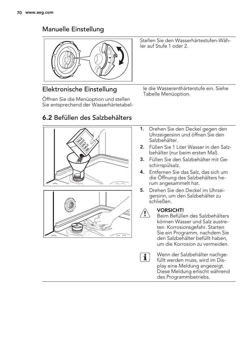 Manuelle einstellung, Elektronische einstellung, 2 befüllen des salzbehälters | AEG F65722IM0P User Manual | Page 70 / 80