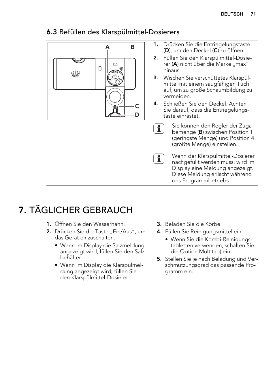 Täglicher gebrauch, 3 befüllen des klarspülmittel-dosierers | AEG F65722IM0P User Manual | Page 71 / 80