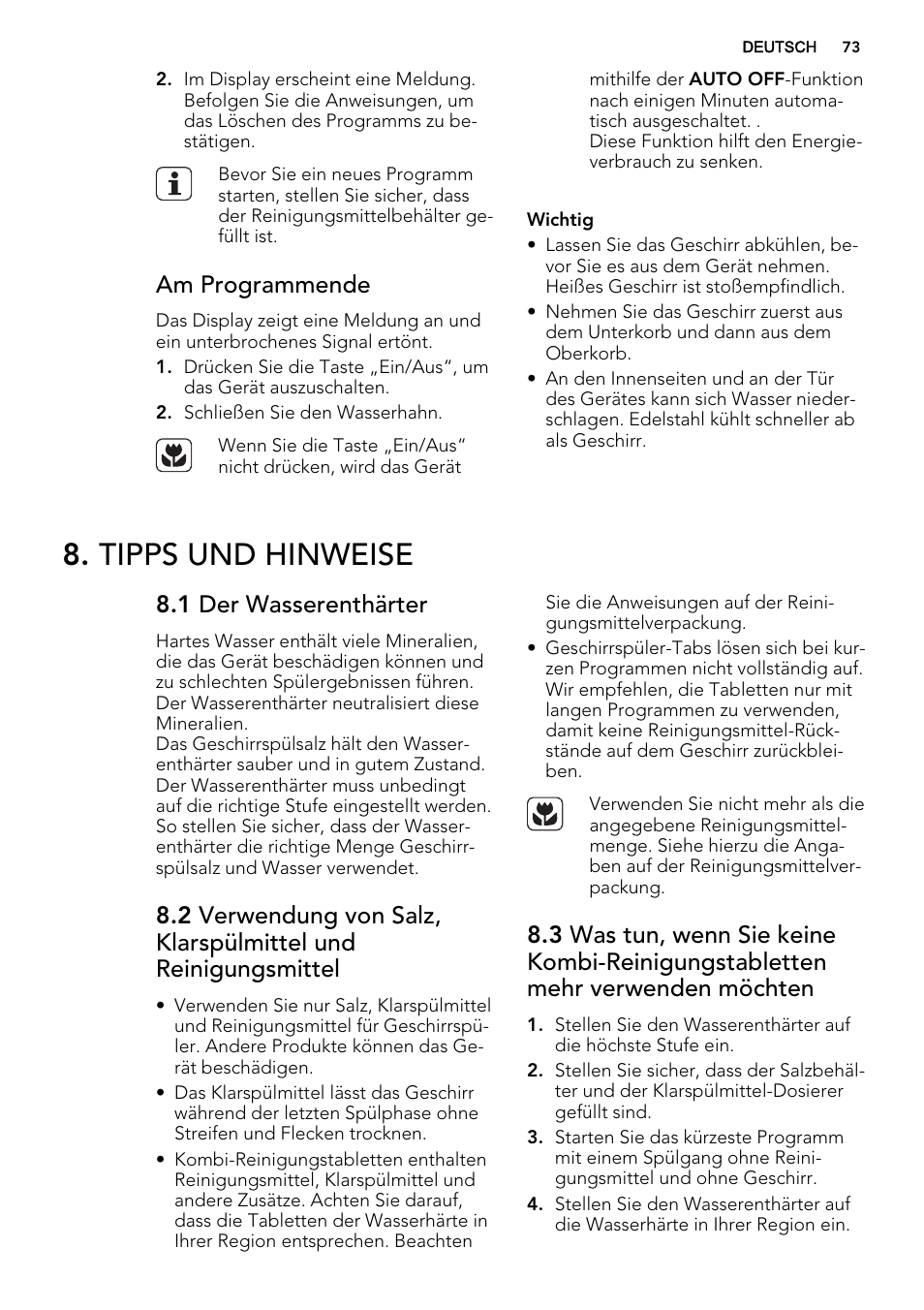 Tipps und hinweise, Am programmende, 1 der wasserenthärter | AEG F65722IM0P User Manual | Page 73 / 80