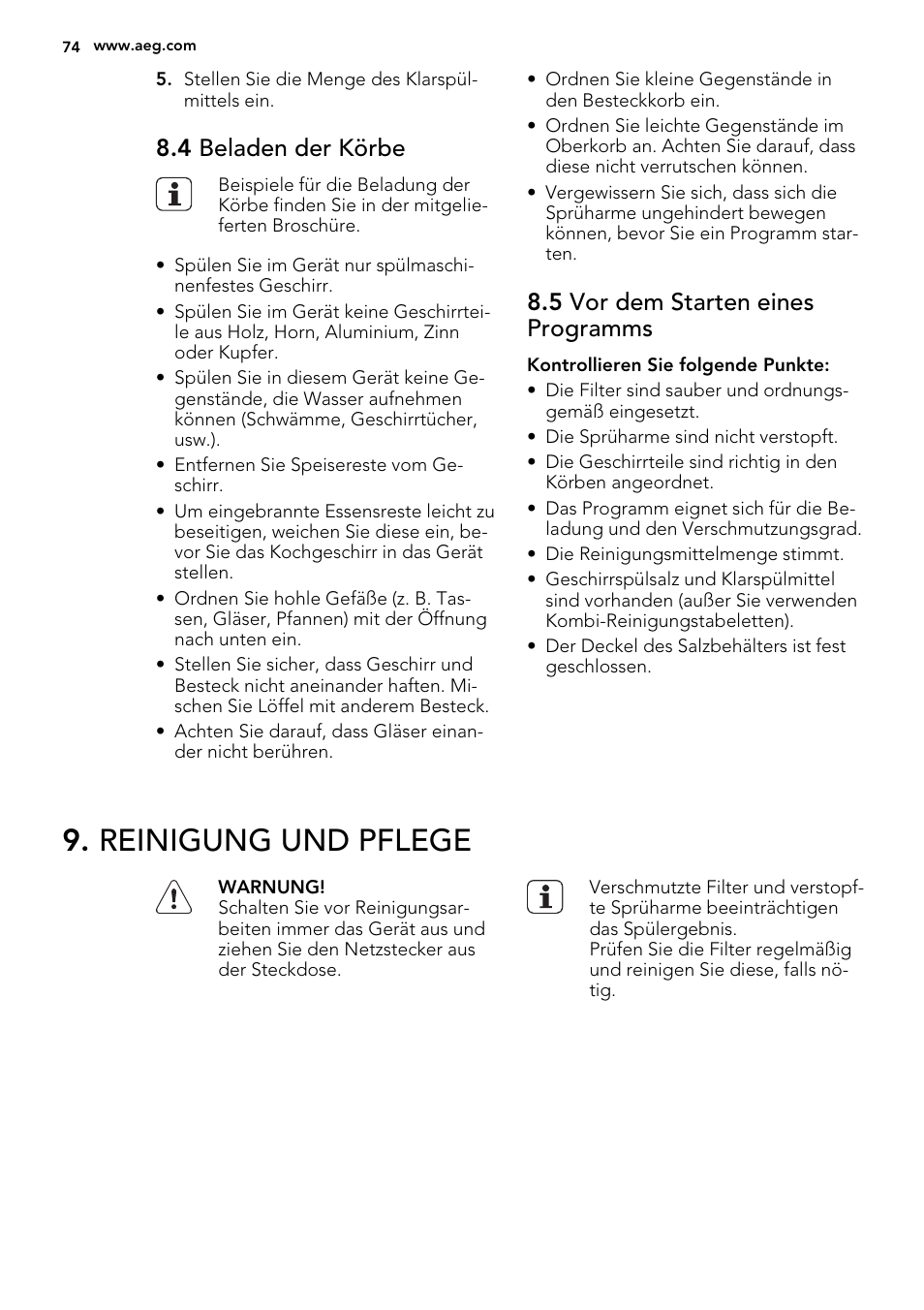 Reinigung und pflege, 4 beladen der körbe, 5 vor dem starten eines programms | AEG F65722IM0P User Manual | Page 74 / 80
